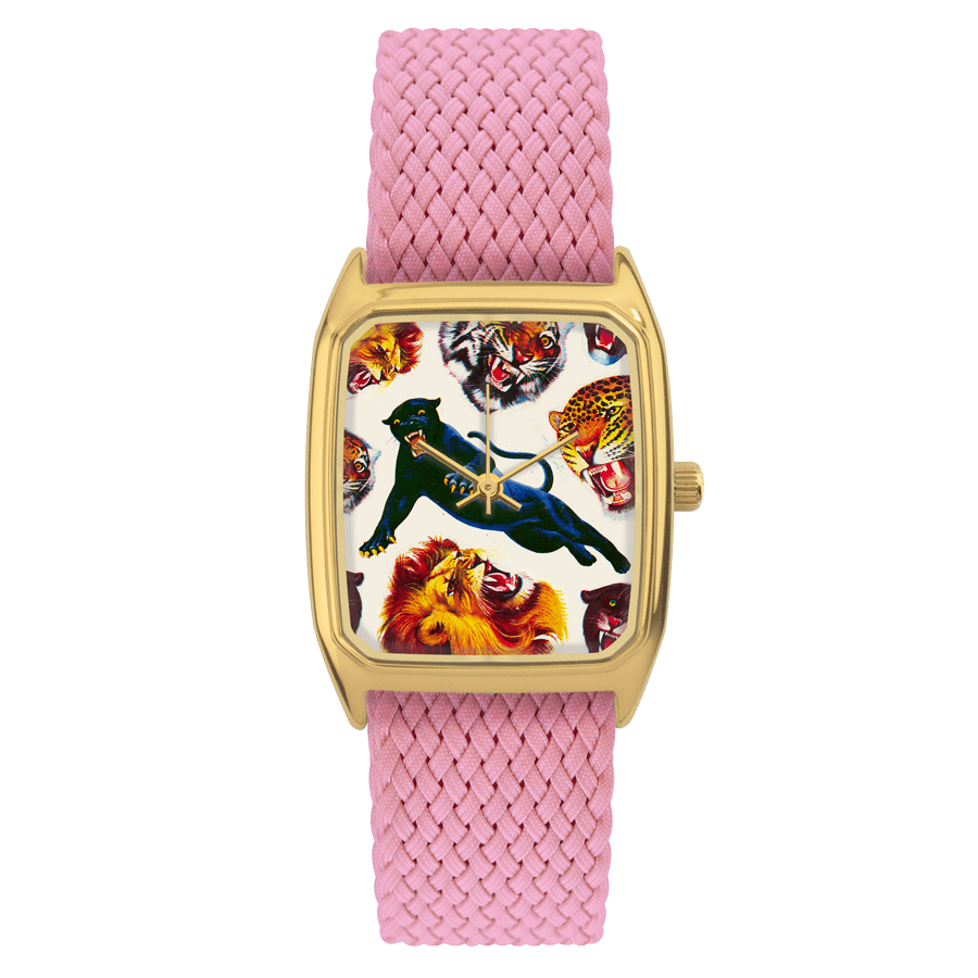 Rectangular Women's Watch, LAPS, Signature Roar Model with Perlon Pink Strap