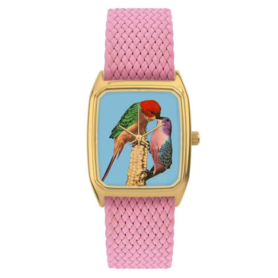 Rectangular Women's Watch, LAPS, Signature Pop-Corn Model with Perlon Pink Strap