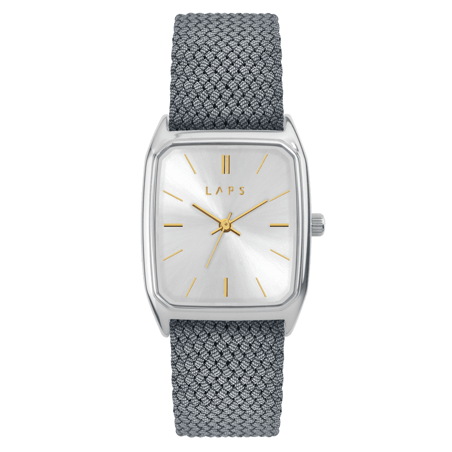 Rectangular Men’s Watch, LAPS, Signature Nova SIlver Model with Perlon Grey Strap