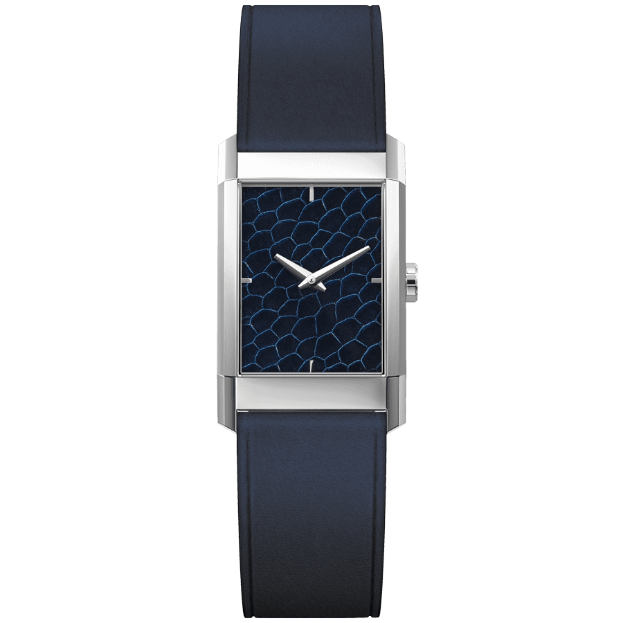 Rectangular Men's Watch, LAPS, Modernist Blue Scale Model - Silver with Leather Indigo Strap