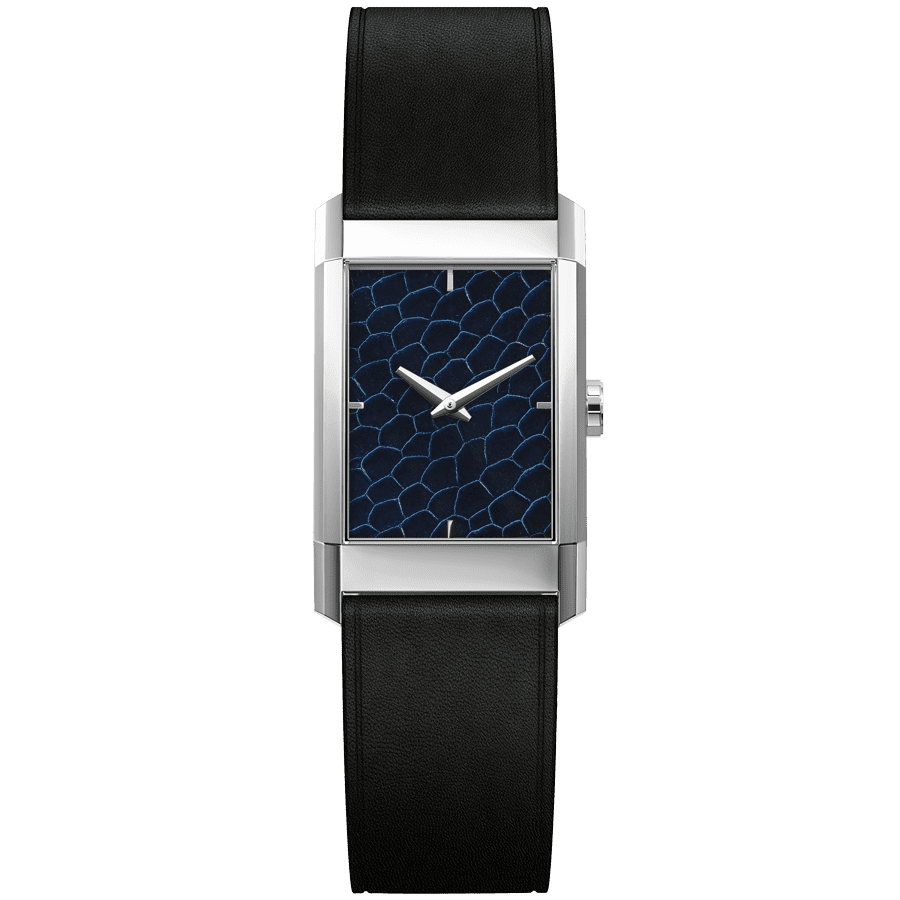 Rectangular Men's Watch, LAPS, Modernist Blue Scale Model - Silver with Leather Matte Black Strap