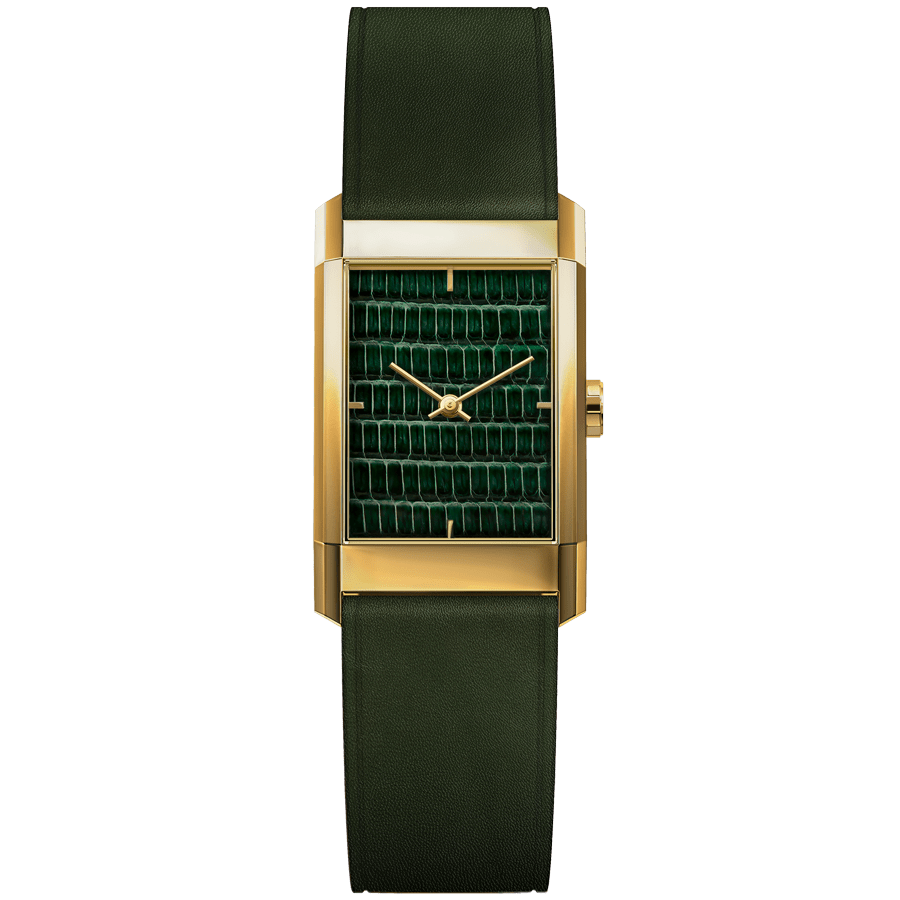 Rectangular Women's Watch, LAPS, Modernist. LZD Green Model - Gold with Leather Leaf Green Strap