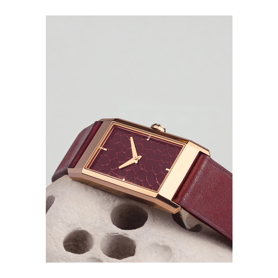 LAPS Modernist Red Scale Rose Gold Woman's Watch Leather Strap Red