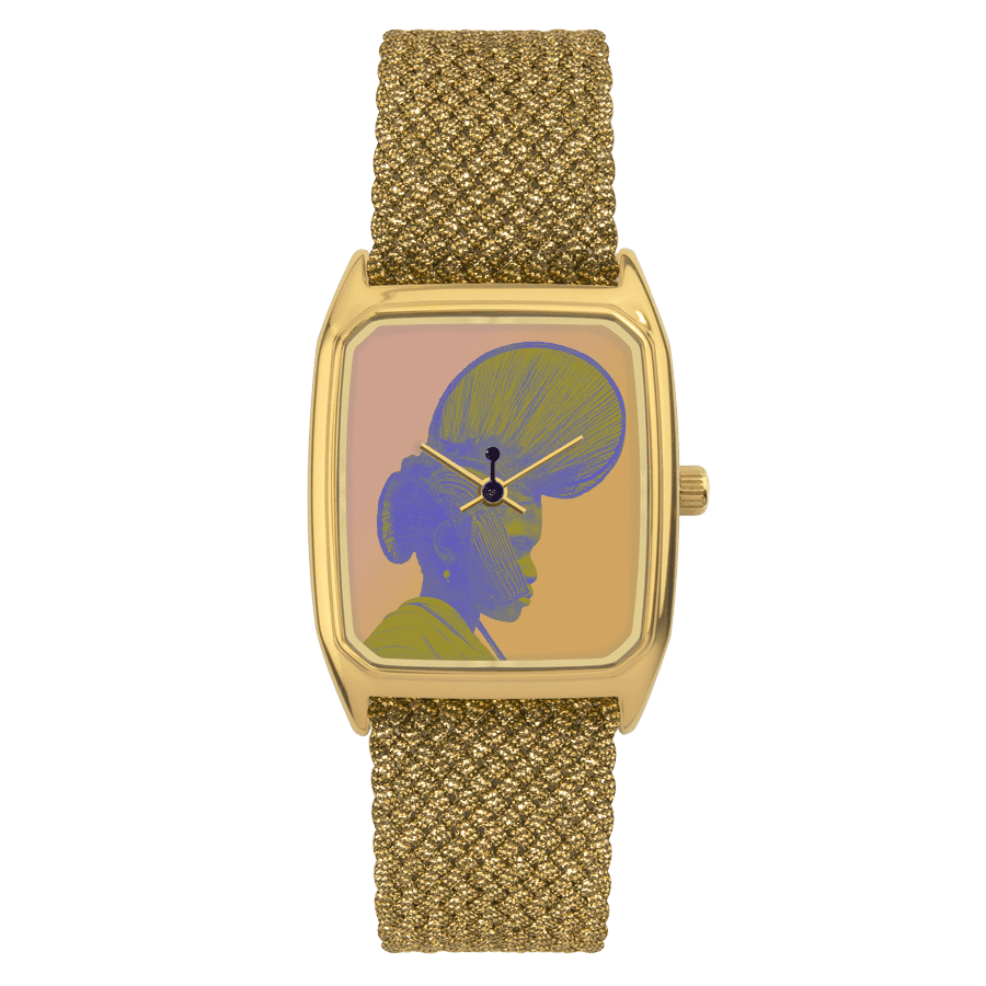 Rectangular Women's Watch, LAPS, Signature Foulahstyle Model with Perlon Gold Strap