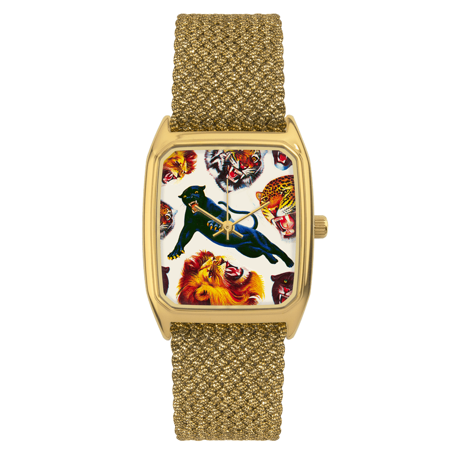 Rectangular Women's Watch, LAPS, Signature Roar Model with Perlon Gold Strap