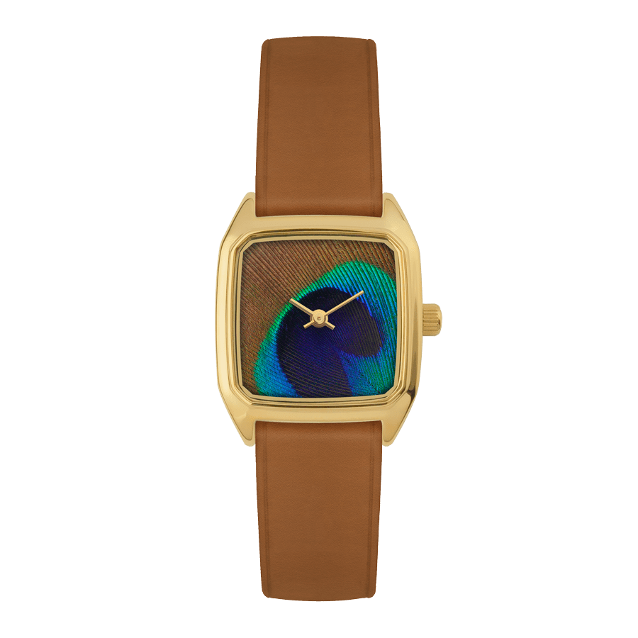 Square Women's Watch, LAPS, Prima Peacock Gold Model with Leather Camel Strap