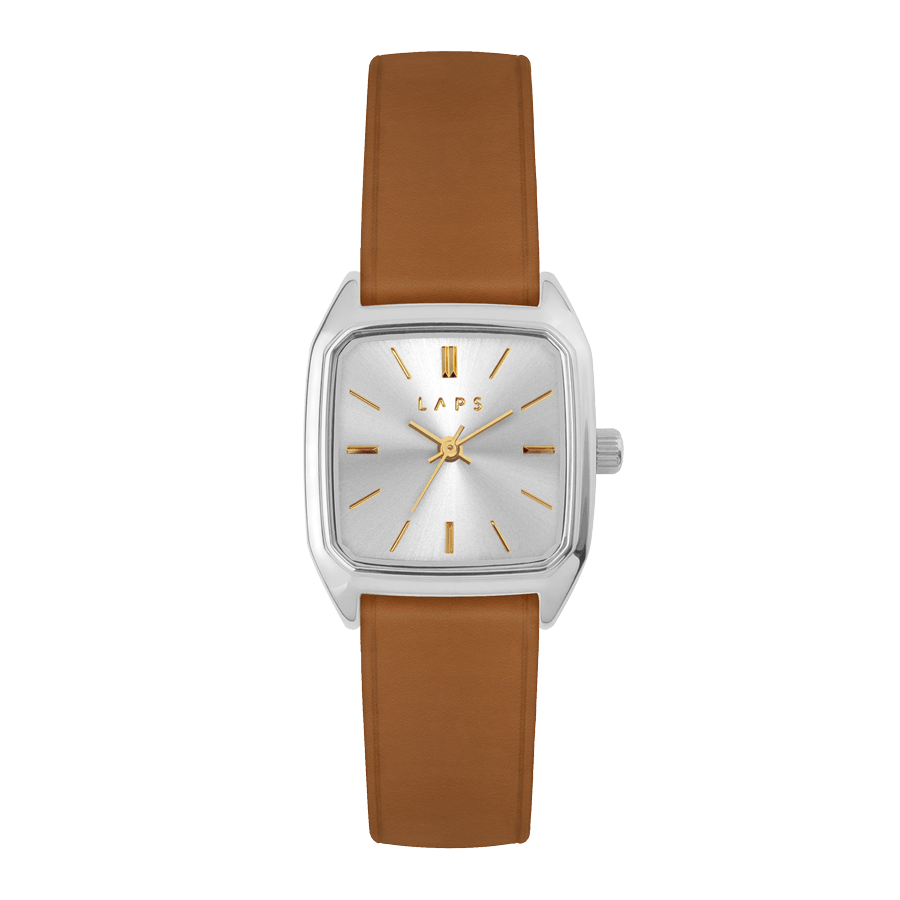 Square Women's Watch, LAPS, Prima Nova Silver Model with Leather Camel Strap