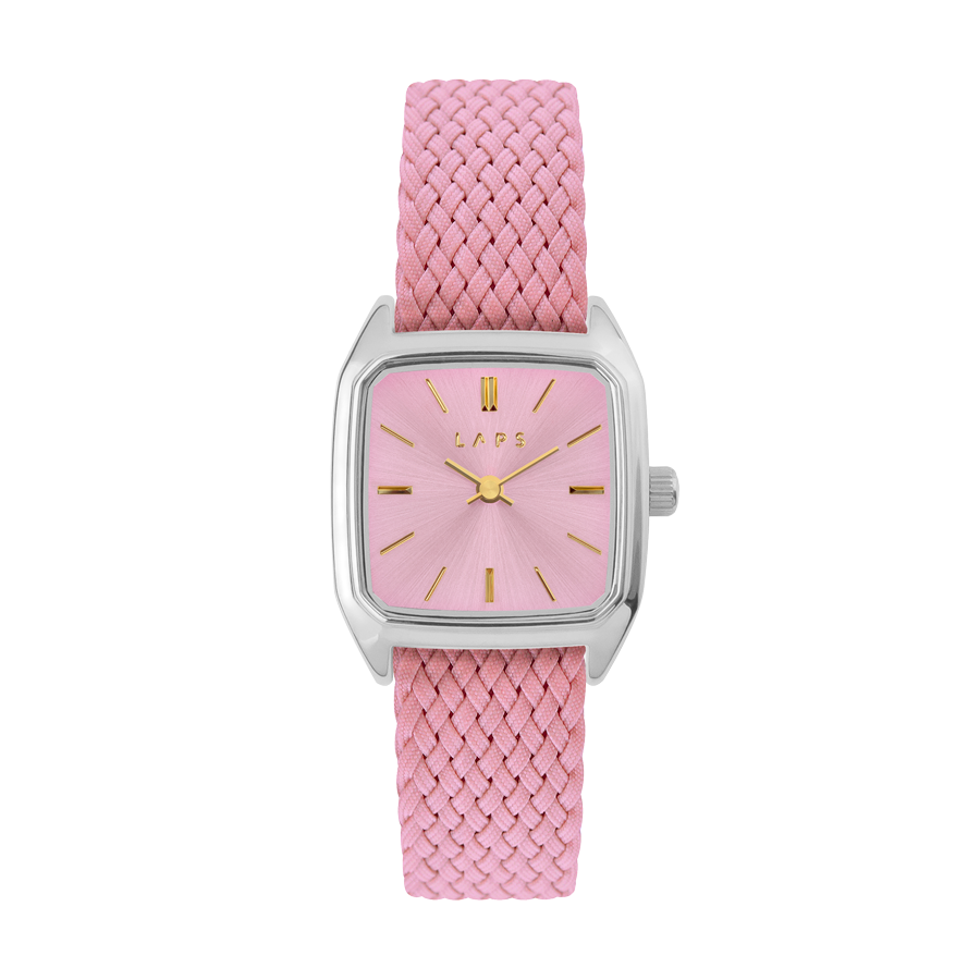 Square Women's Watch, LAPS, Prima Nova Lilac Model with Perlon Pink Strap