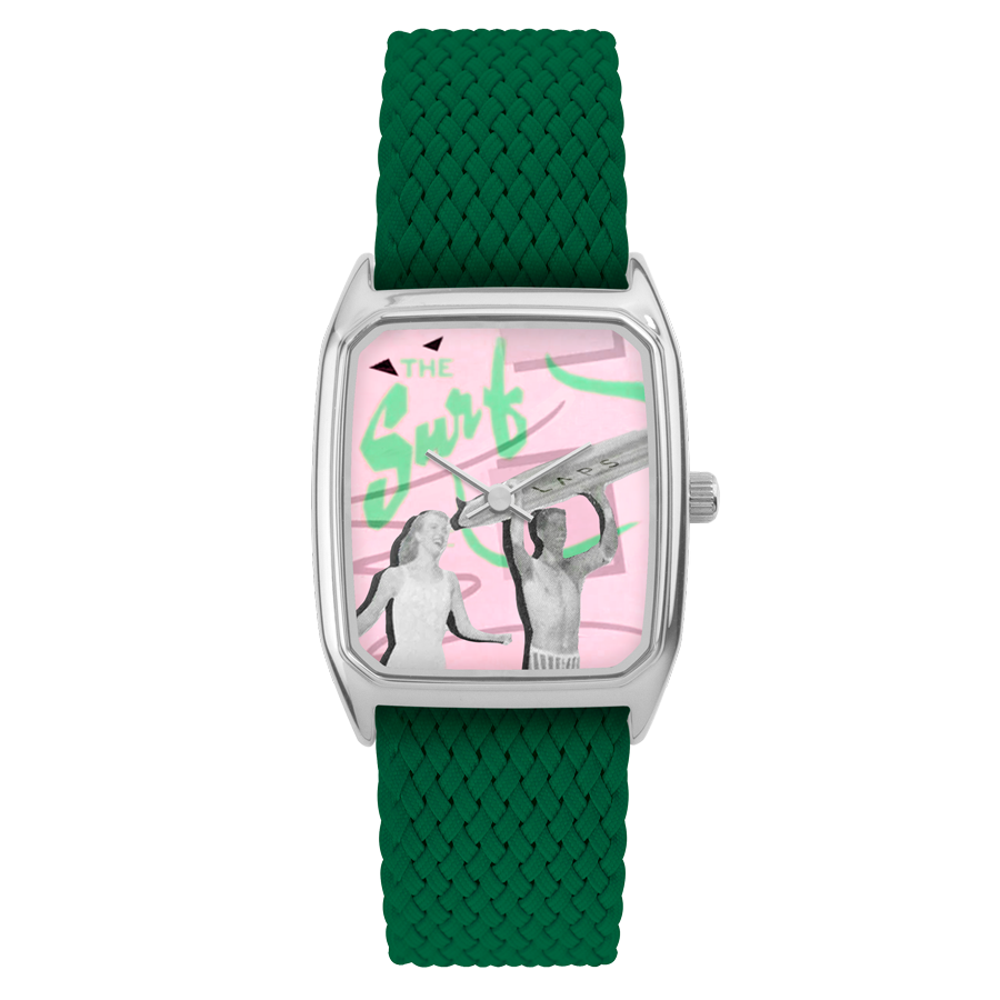 Rectangular Men's Watch, LAPS, Signature Malibu Model with Perlon Green Strap