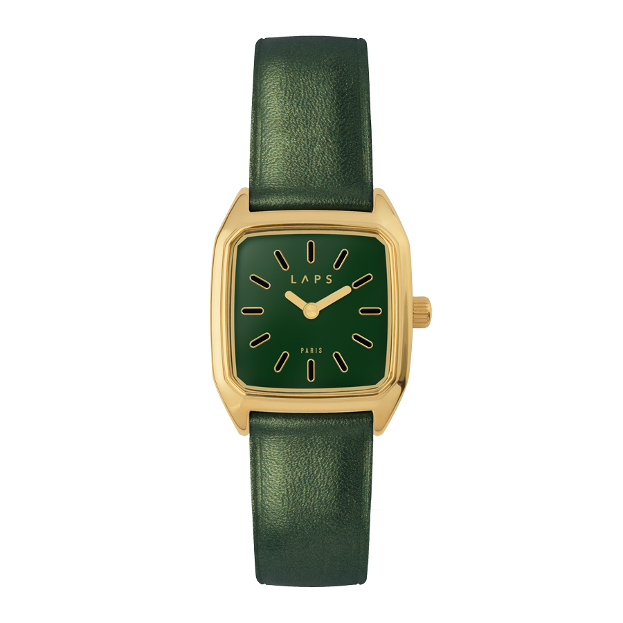 Square Women's Watch, LAPS, Prima Bobby Green Model with Leather Hummingbirds Strap