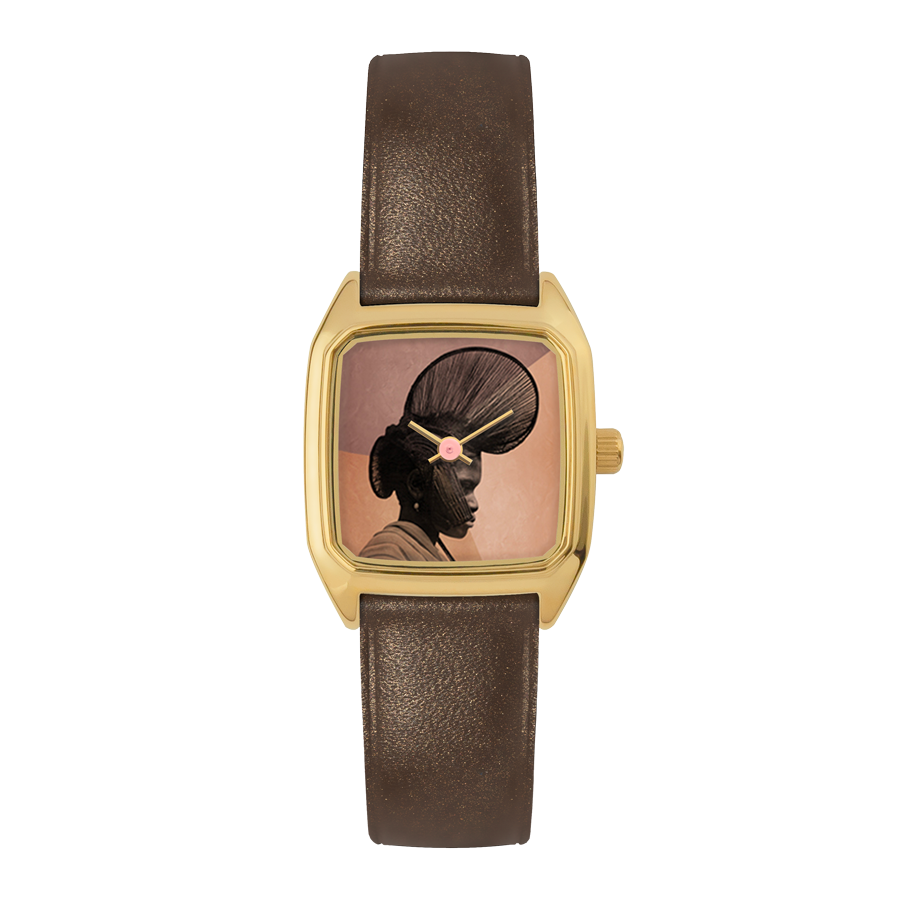 Square Women's Watch, LAPS, Prima Foulah Model with Leather Bronze Strap