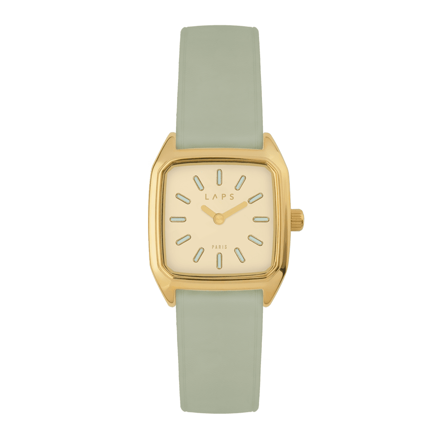 Montre carrée pour Femme, LAPS, modèle Prima Bobby Beige avec Bracelet Cuir Menthe
