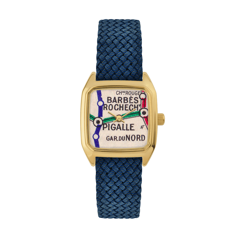 Montre carrée pour Femme, LAPS, modèle Prima Barbès avec Bracelet Perlon Bleu Cobalt