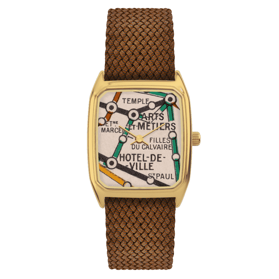 Montre Rectangle pour Homme, LAPS, modèle Signature Or Le Marais  avec Bracelet Perlon Tabac