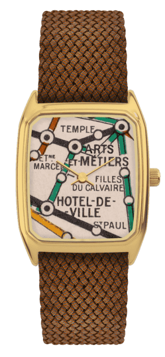 Rectangular Men’s Watch, LAPS, Signature Gold Le Marais Model with Perlon Tabacco Strap