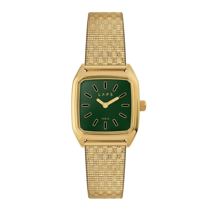 Montre carrée pour Femme, LAPS, modèle Prima Bobby Verte avec Bracelet Metal Damier Or