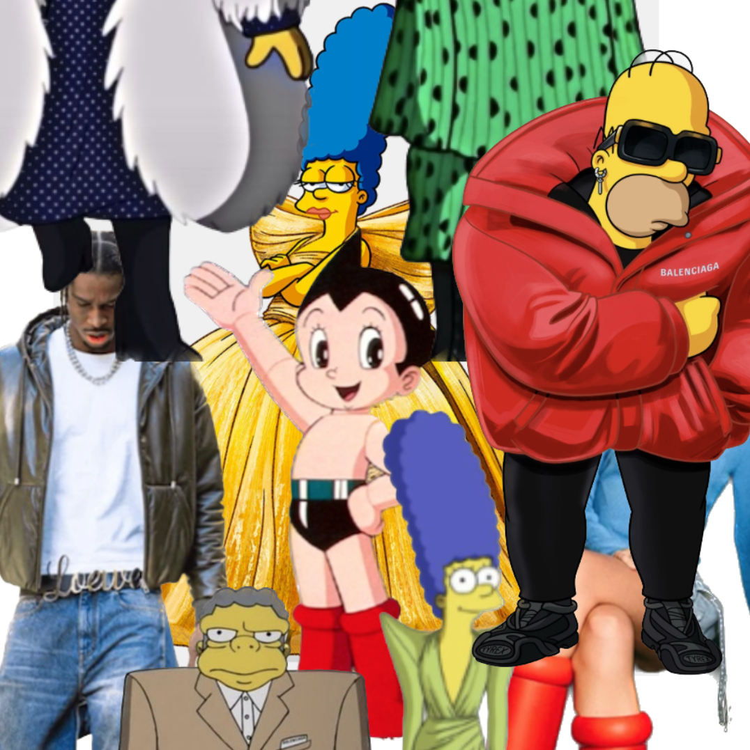 Divers personnages de dessins animés habillés par les marques les plus en vogue du moment.